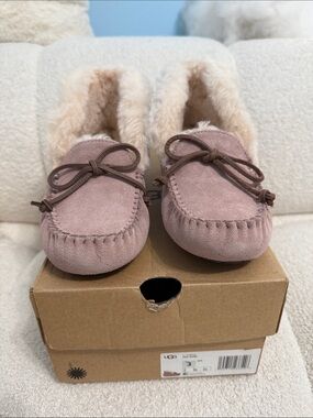 UGG Kids Pink Suede Faux-Fur Moccasin Slippers